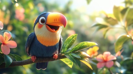Happy Toucan Bird Perched On Branch Among Flowers