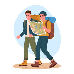 Hiking male tourists. Two men on hike, trekking and backpacking characters outdoor adventure flat vector illustration. Active guys hiking together