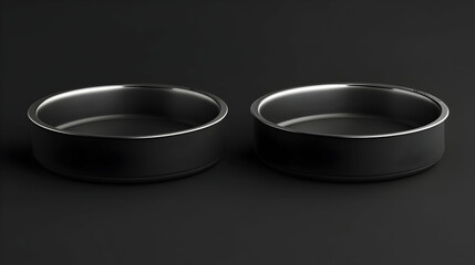 Two empty black bowls with silver rims on a dark surface.