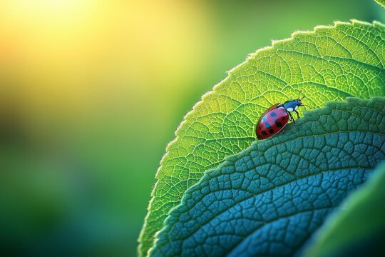 Bright red ladybug perched on a vibrant green leaf against a blurred background showcasing simplicity contrast and insect biodiversity in a natural setting