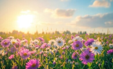 Fototapeta premium A vibrant field of flowers under a bright sky at sunset, evoking tranquility and beauty.