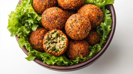 A bowl of falafel balls cut in half to reveal the filling inside rests on top of lettuce leaves against a white background
