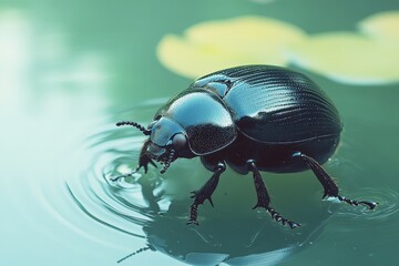 Naklejka premium Glossy black beetle floating on rippling water with its polished body reflecting soft daylight showcasing a moment of stillness and motion in a serene aquatic setting