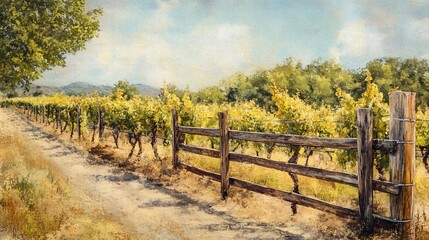 Obraz premium Sunlit vineyard path with wooden fence, green vines, and distant hills under a blue sky.