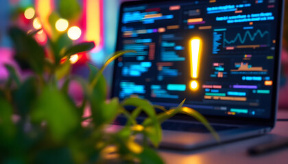 A glowing red exclamation mark hovers above a laptop keyboard, symbolizing cyber alerts, security risks, or technological warnings in a vibrant digital setting.