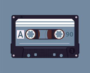 Old school audio cassette poster. Retro music tape backdrop, pop music album tape design flat vector illustration. Cartoon music audio tape background