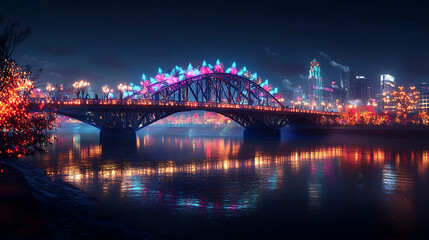 Obraz premium A city bridge illuminated by decorative lights, spanning across a river with the night skyline in the background 