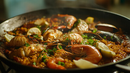 Delicious seafood paella cooking in a large skillet with fresh ingredients on a cozy evening
