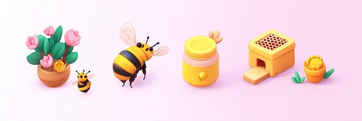 A colorful illustration featuring bees, flowers, honey, and a honeycomb structure.