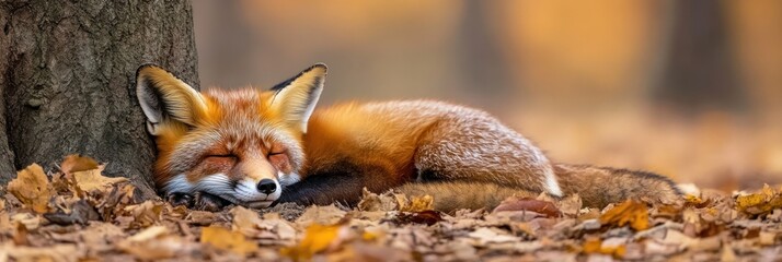 Obraz premium A red fox peacefully sleeping among autumn leaves by a tree.