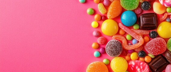 Obraz premium A colorful assortment of candies scattered on a bright pink background.