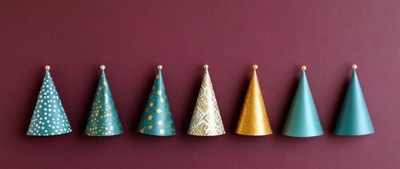 A row of colorful party hats on a maroon background, ideal for celebrations.