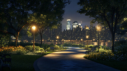 A quiet urban park at night, with softly lit pathways and the glowing city skyline in the distance 