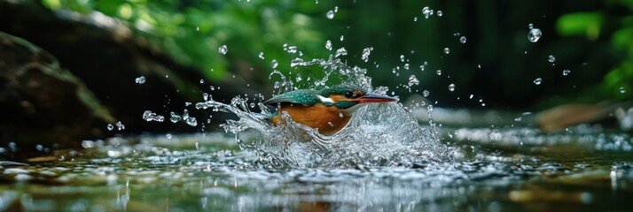 Fototapeta premium A kingfisher diving into water, creating splashes in a lush natural setting.