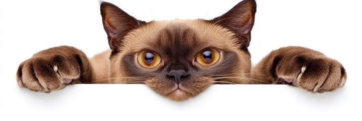 Fototapeta premium A close-up of a playful Siamese cat with big eyes peeking over a white surface.