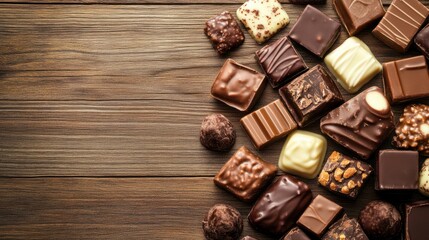 A variety of chocolates arranged on a wooden surface, showcasing different shapes and textures.