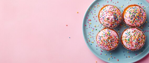 A plate of colorful cupcakes with sprinkles on a pink background.