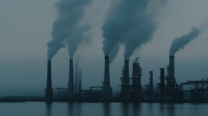 Obraz premium Industrial Smokestacks Release Smoke Over Water
