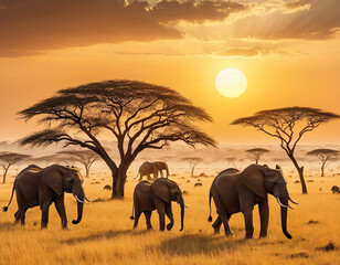Obraz premium elephants in the sunset