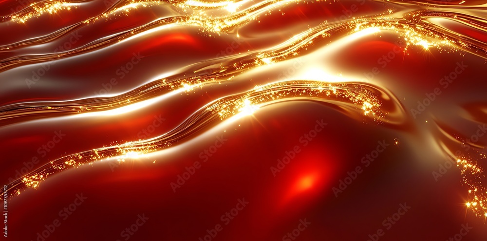 Aufkleber Abstract image of shimmering red liquid waves with sparkling highlights.