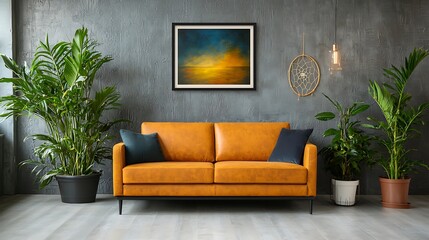 Stylish living room setup with bright yellow sofa and indoor plants home interior modern design cozy atmosphere