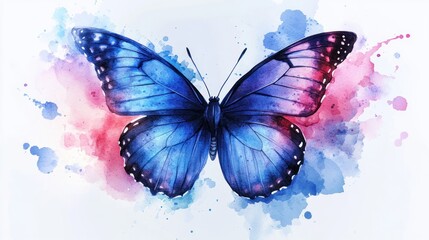 Watercolor Painting of a Blue Butterfly on a White Background