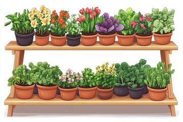 Fototapeta premium Urban Vertical Garden with Lush Green Vegetables in Multi Level Wooden Planters Emphasizing Sustainable Agriculture in City Spaces