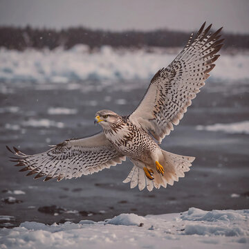 Gyrfalcon flying near the river