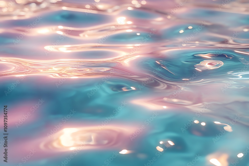 Poster a close-up view of shimmering water with soft pastel hues reflecting light.