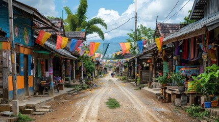 Colorful village street scene in Southeast Asia.