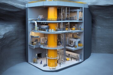Cross sectional underground industrial bunker with machinery and storage facilities revealing complex subsurface energy infrastructure in a cutaway design