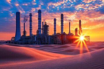 Petrochemical refinery with bright glowing lights at sunset in a desert environment emphasizing energy production and industrial scale