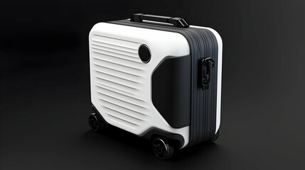 Fototapeta premium White and black carry-on suitcase with wheels, isolated on black background.