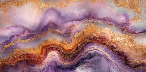 Fototapeta premium Abstract design featuring flowing purple, gold, and orange patterns reminiscent of agate stone.