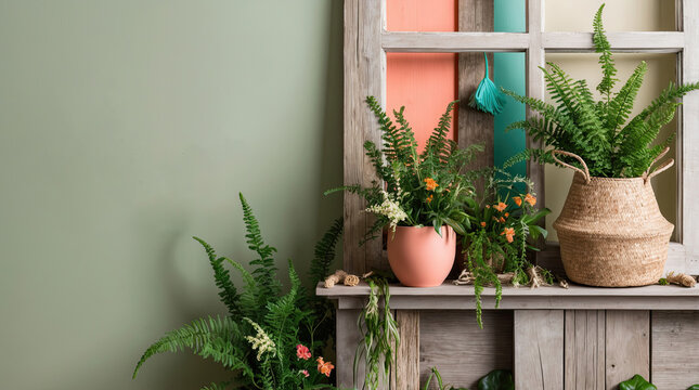 Fine composition of home garden filled with multiform fern  