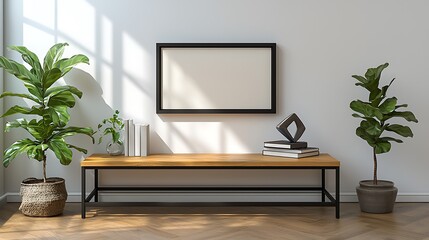 Modern minimalist living room setup with plants and art natural light tranquil environment