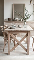 Woodwork Furniture Technique Concept. A cozy dining area featuring a rustic wooden table, minimalist decor, and a vase of greenery, creating a warm and inviting atmosphere.