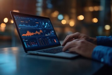 Close-up of hands using laptop displaying financial data charts at night.