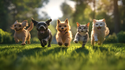  joyful cartoon pet pets animals running green lawn outdoor park dogs cats happy energetic trees lively cute puppy drawing painting
