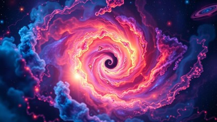 Colorful and dynamic spiral and nebula patterns flowing in a cosmic space, representing the concept of universe exploration and generative AI technology, space, generative