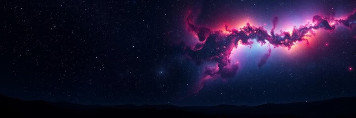 Colorful alien planet with swirling clouds set against a dark galaxy night sky full of stars and distant nebulae, poster, night sky