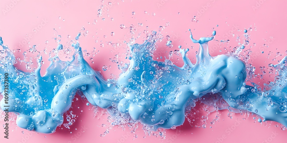 Poster blue liquid splashing against a pink background, creating an artistic and vibrant visual effect.