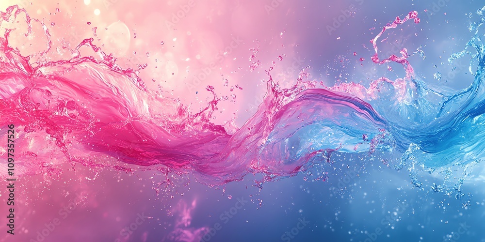 Poster a vibrant splash of pink and blue water, creating a dynamic and artistic visual effect.