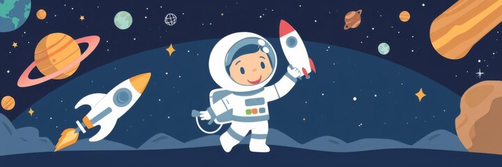 Colorful set of web banners templates featuring cartoon illustrations of children exploring outer space, perfect for a science-themed presentation, astronaut, planets