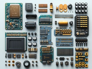 A set of various electronic components popular that are often encountered in everyday life including circuit boards, wires, and resistors positioned individually with sharp, clear edges, making 