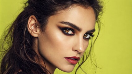 Naklejka premium A woman with dramatic dark brown eyes and a fierce expression engages the viewer directly her gaze almost challenging. Set against a vivid chartreuse background her intensity is