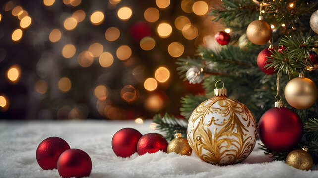 warm festive holiday festival christmas celebration scene decorated tree decoration red gold ornaments lights cozy glowing snow snowflakes season