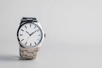 Silver wristwatch with white face on white background.