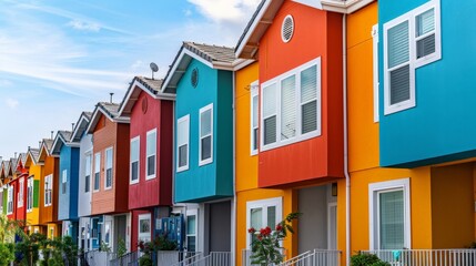 Row of colorful townhomes in a vibrant neighborhood