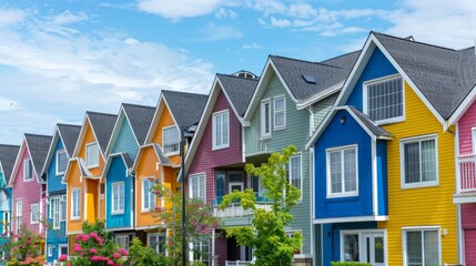 Row of colorful townhomes in a vibrant neighborhood